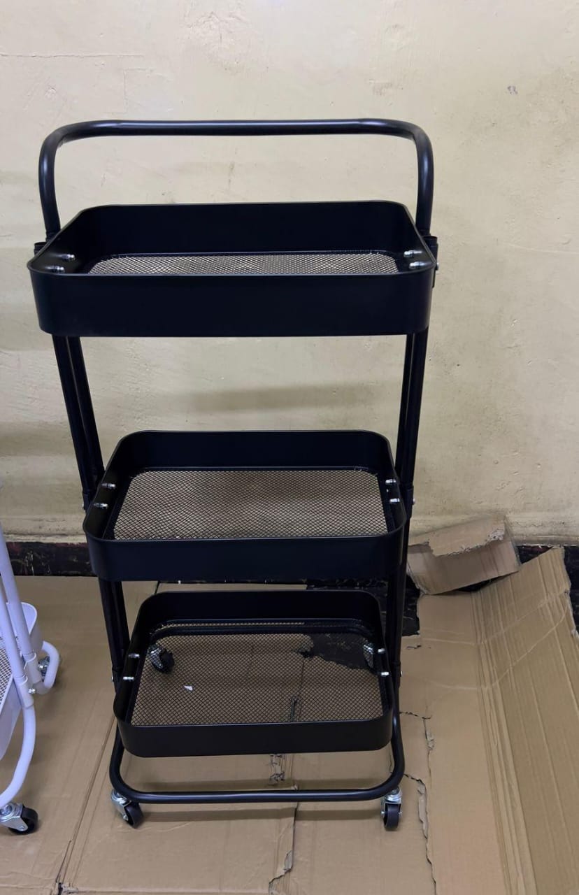3 Tier Full Metallic Multi-functional movable trolley storage rack with lockable wheels