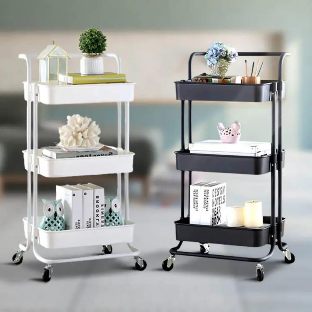 3 Tier Full Metallic Multi-functional movable trolley storage rack with lockable wheels
