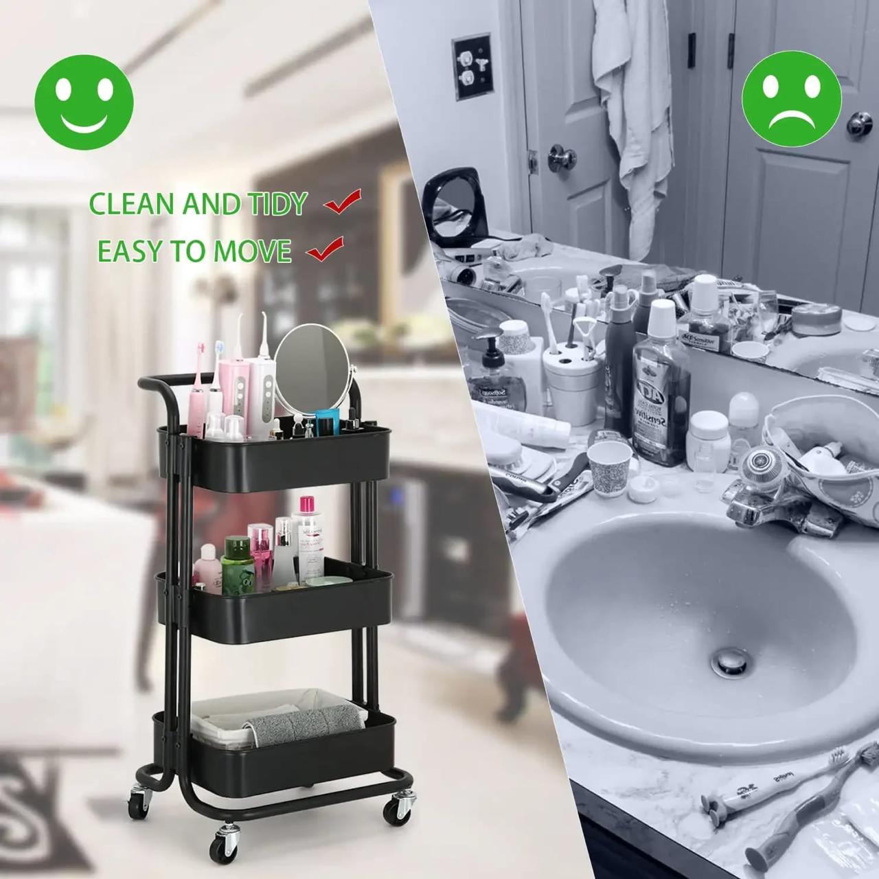 3 Tier Full Metallic Multi-functional movable trolley storage rack with lockable wheels