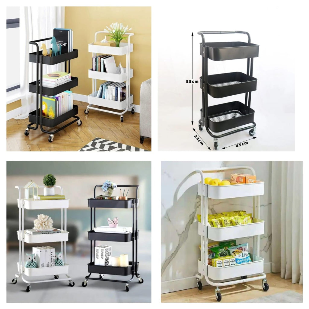 3 Tier Full Metallic Multi-functional movable trolley storage rack with lockable wheels
