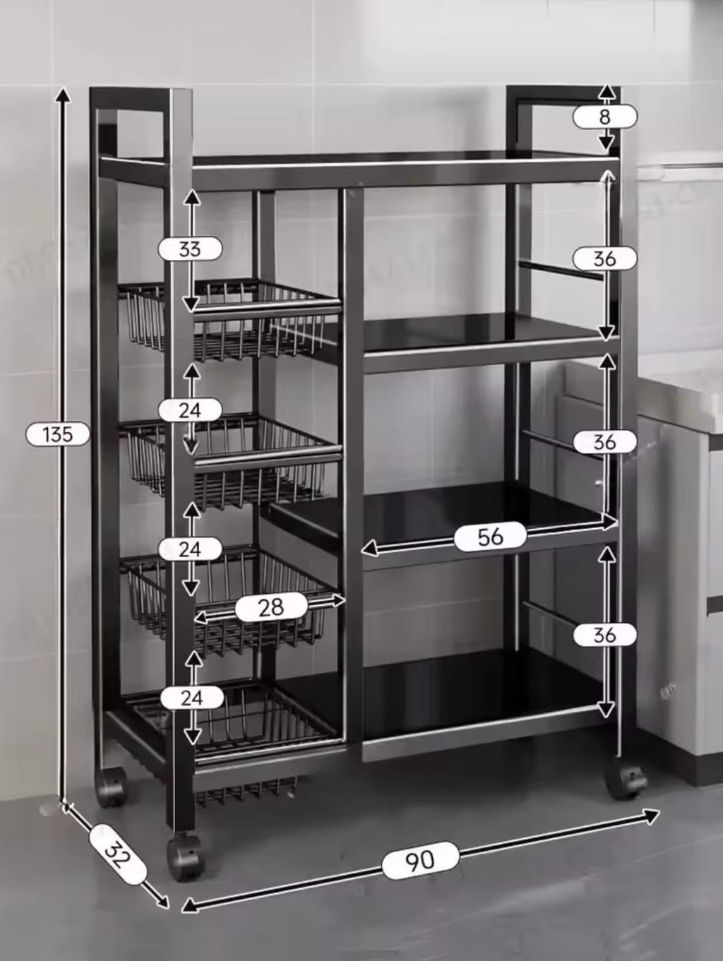 metallic kitchen rack with movable &amp; lockable wheels