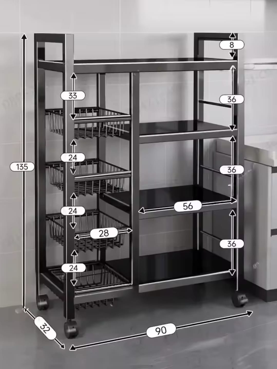 Multifunctional Strong metallic kitchen rack with movable &amp; lockable wheels